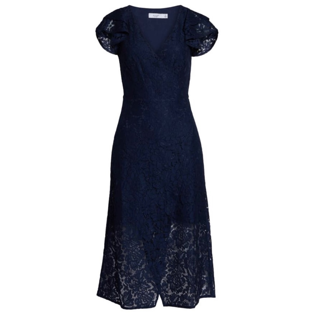 ALI & JAY Dress XS Lace and Paper Flowers Wrap Midi Ruffle Sleeve Navy Blue - Picture 7 of 12